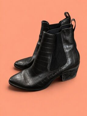 Black Croc-Embossed Chelsea Ankle Boots